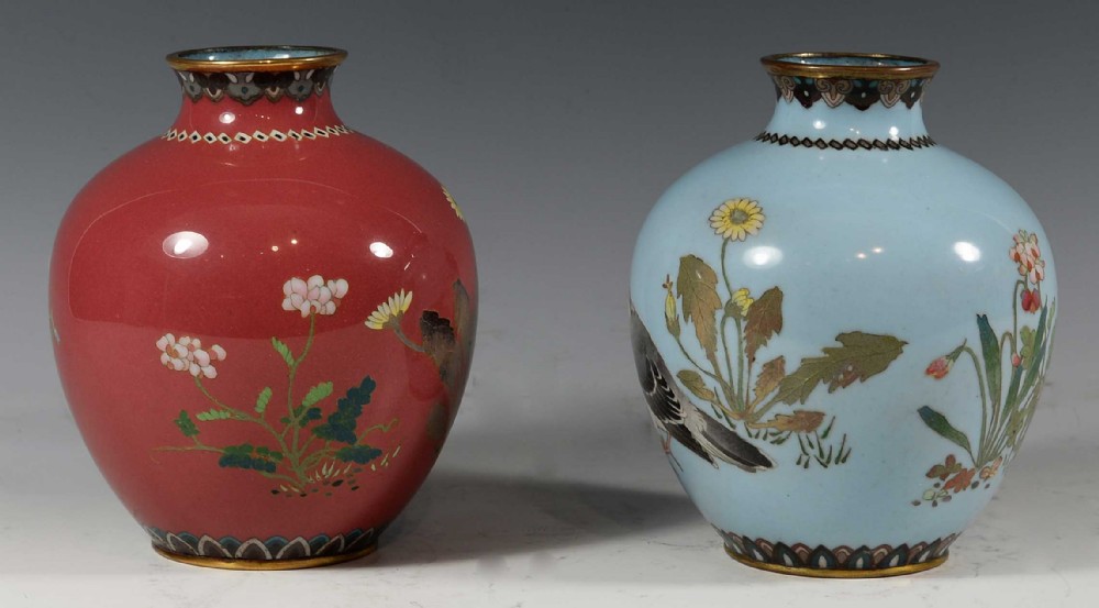 DECORATIVE HARLEQUIN PAIR OF JAPANESE CLOISONNE ENAMEL VASES View V