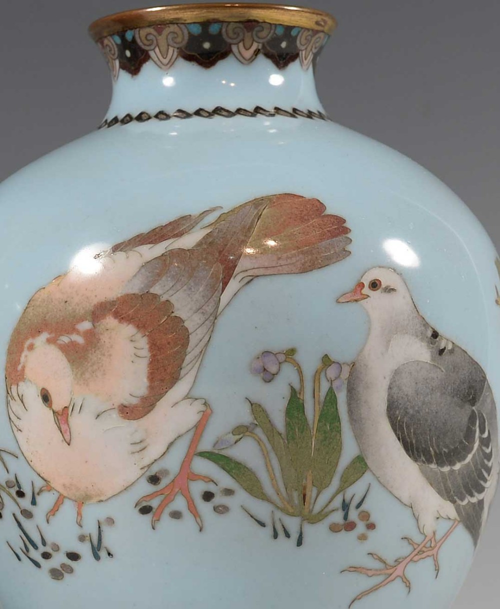 DECORATIVE HARLEQUIN PAIR OF JAPANESE CLOISONNE ENAMEL VASES View IX