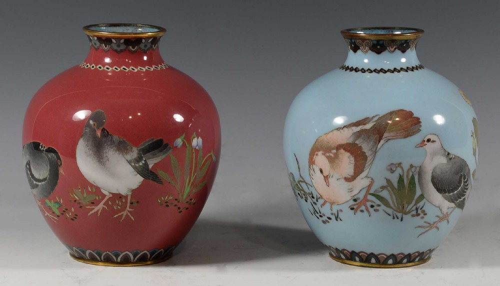 DECORATIVE HARLEQUIN PAIR OF JAPANESE CLOISONNE ENAMEL VASES View X