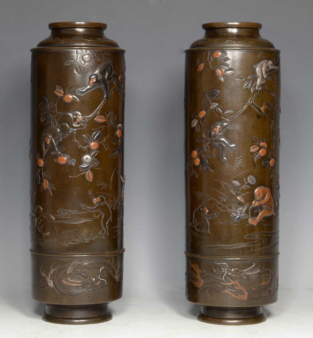 large pair of japanese bronze mixed metal monkey vases hamada yoshifumi - CATEGORY: ANTIQUE METAL - DATED 1890