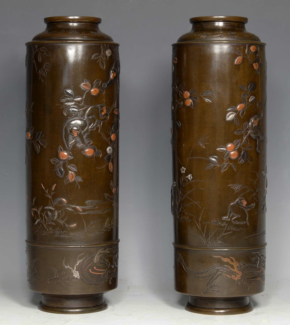LARGE PAIR OF JAPANESE BRONZE & MIXED METAL MONKEY VASES- HAMADA YOSHIFUMI View II