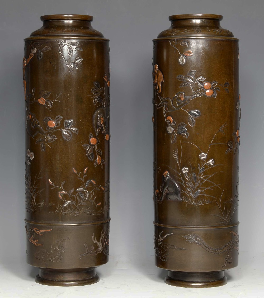 LARGE PAIR OF JAPANESE BRONZE & MIXED METAL MONKEY VASES- HAMADA YOSHIFUMI View III