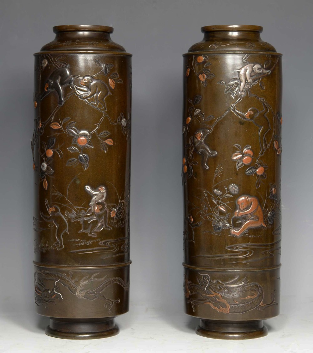 LARGE PAIR OF JAPANESE BRONZE & MIXED METAL MONKEY VASES- HAMADA YOSHIFUMI View VI