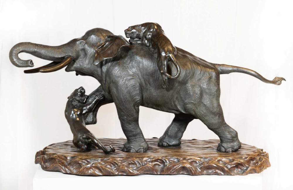 huge japanese bronze elephant and tiger group okimono genryusai seiya - CATEGORY: ANTIQUE SCULPTURES - DATED 1890