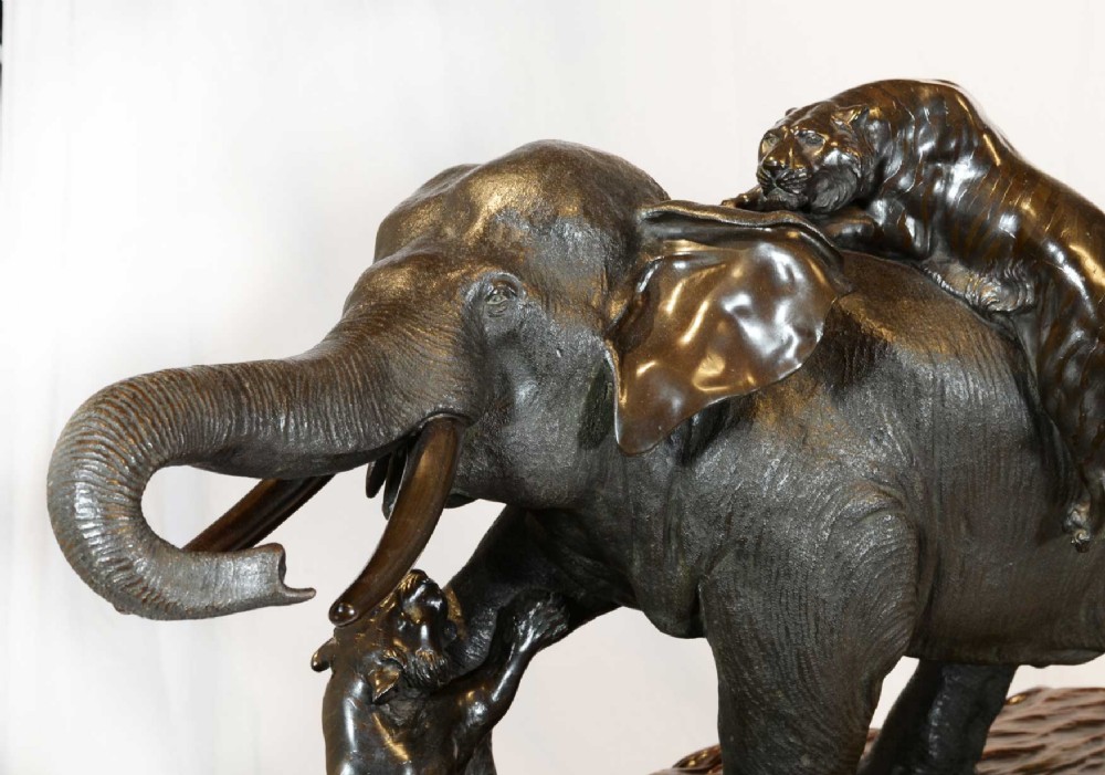 HUGE JAPANESE BRONZE ELEPHANT AND TIGER GROUP OKIMONO - GENRYUSAI SEIYA View III