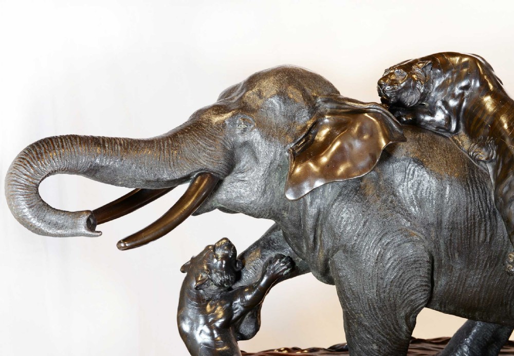 HUGE JAPANESE BRONZE ELEPHANT AND TIGER GROUP OKIMONO - GENRYUSAI SEIYA View IX