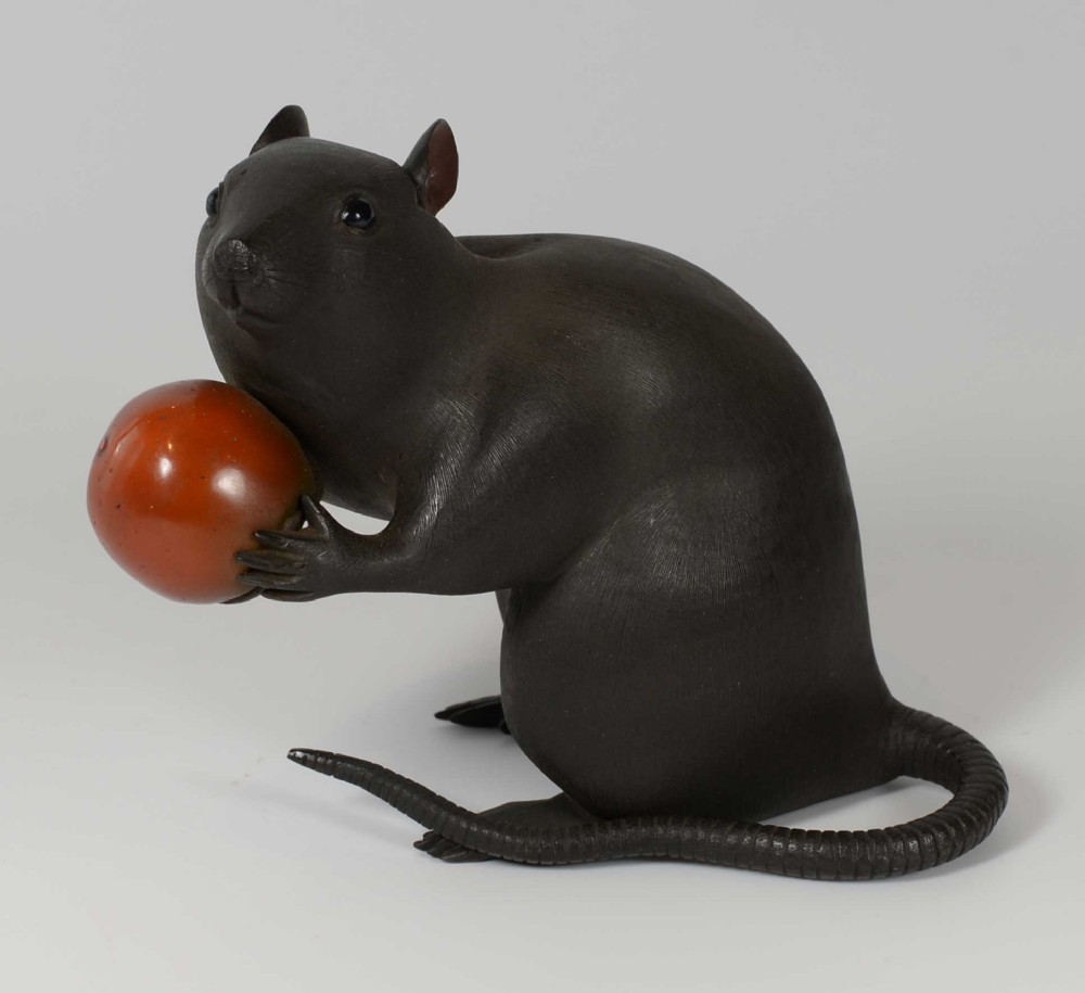 LARGE JAPANESE BRONZE RAT WITH PERSIMMON OKIMONO- SIGNED View II