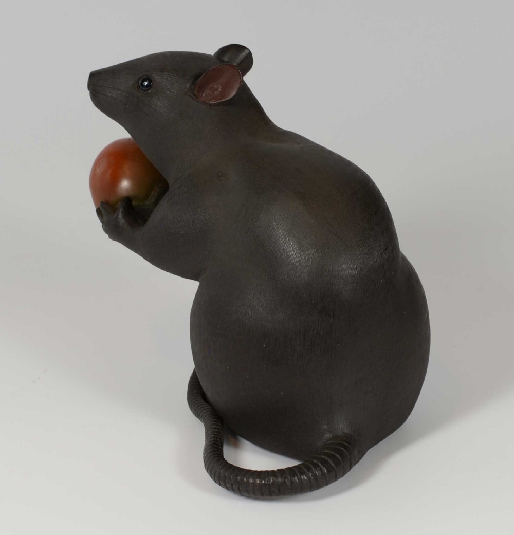 LARGE JAPANESE BRONZE RAT WITH PERSIMMON OKIMONO- SIGNED View VI