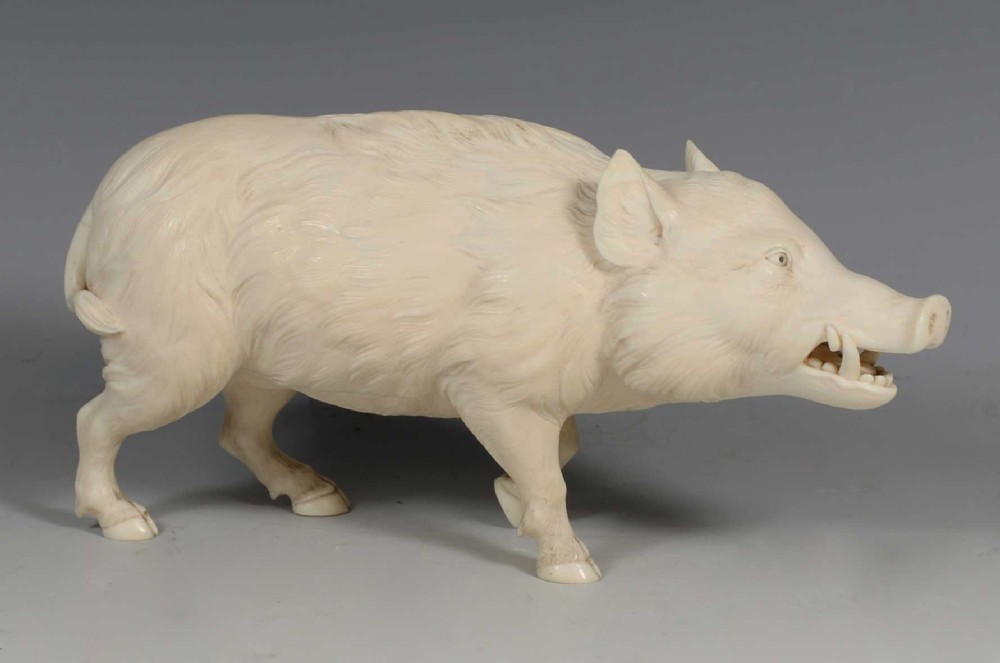 HIGH QUALITY JAPANESE CARVED IVORY WILD BOAR OKIMONO View III
