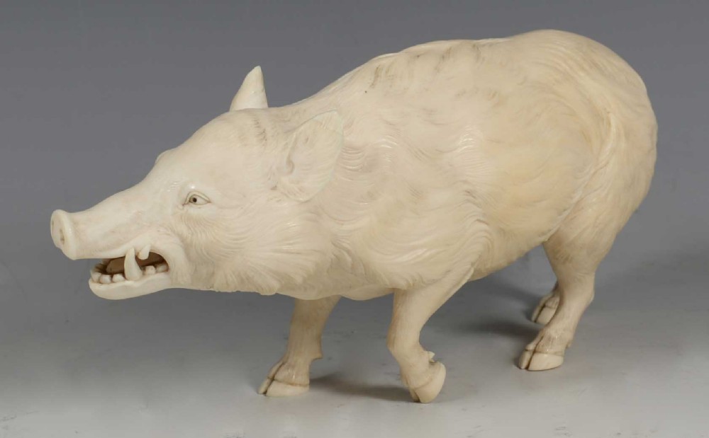 HIGH QUALITY JAPANESE CARVED IVORY WILD BOAR OKIMONO View V