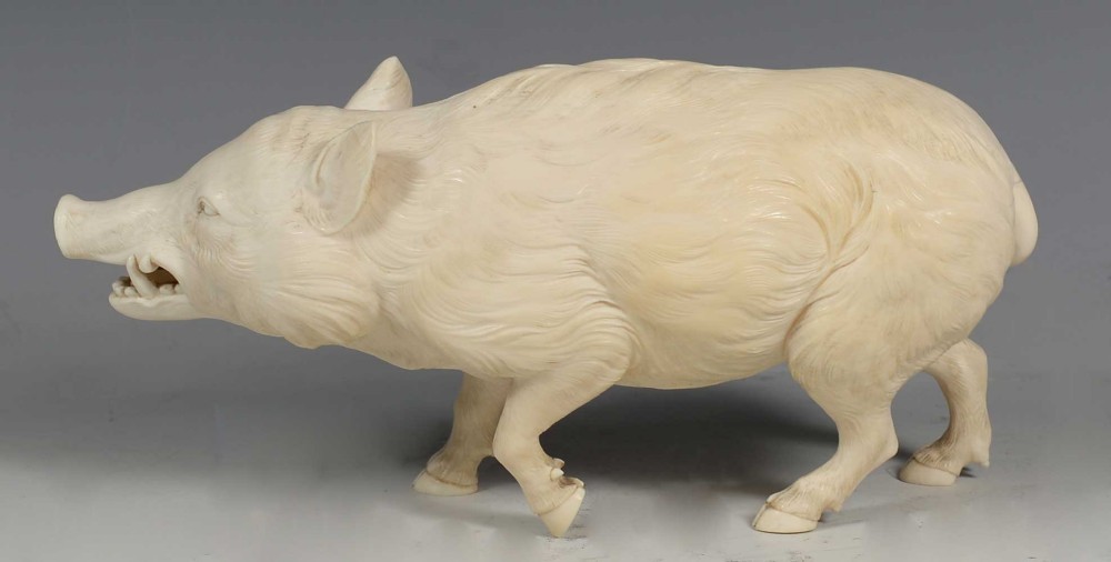 HIGH QUALITY JAPANESE CARVED IVORY WILD BOAR OKIMONO View VI