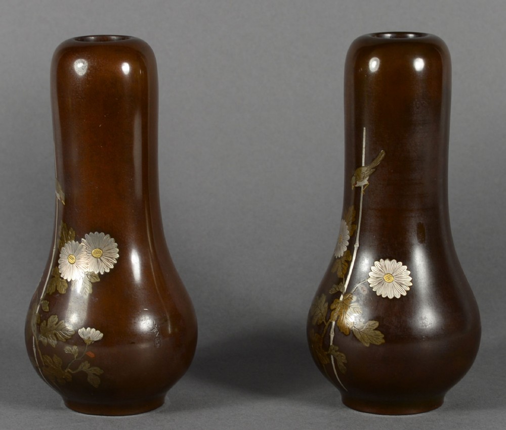 PAIR OF JAPANESE BRONZE AND MIXED METAL INLAID VASES BY NOGAWA View II