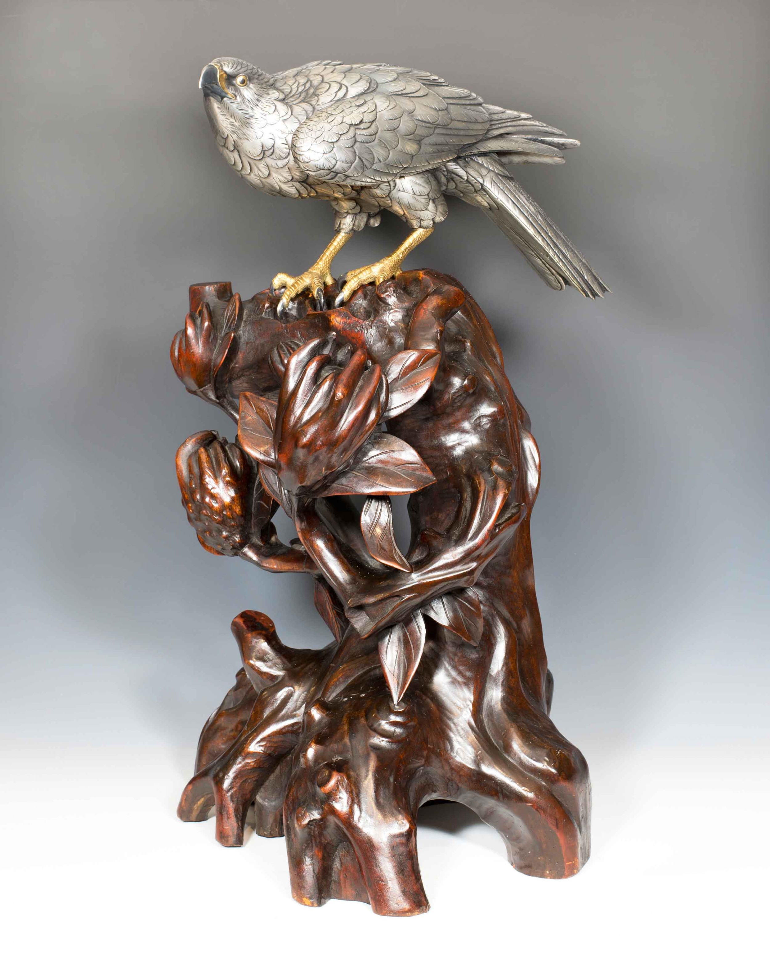 JAPANESE SILVERED BRONZE GOSS HAWK ON ROOTWOOD STAND BY KUNICHIKA View II