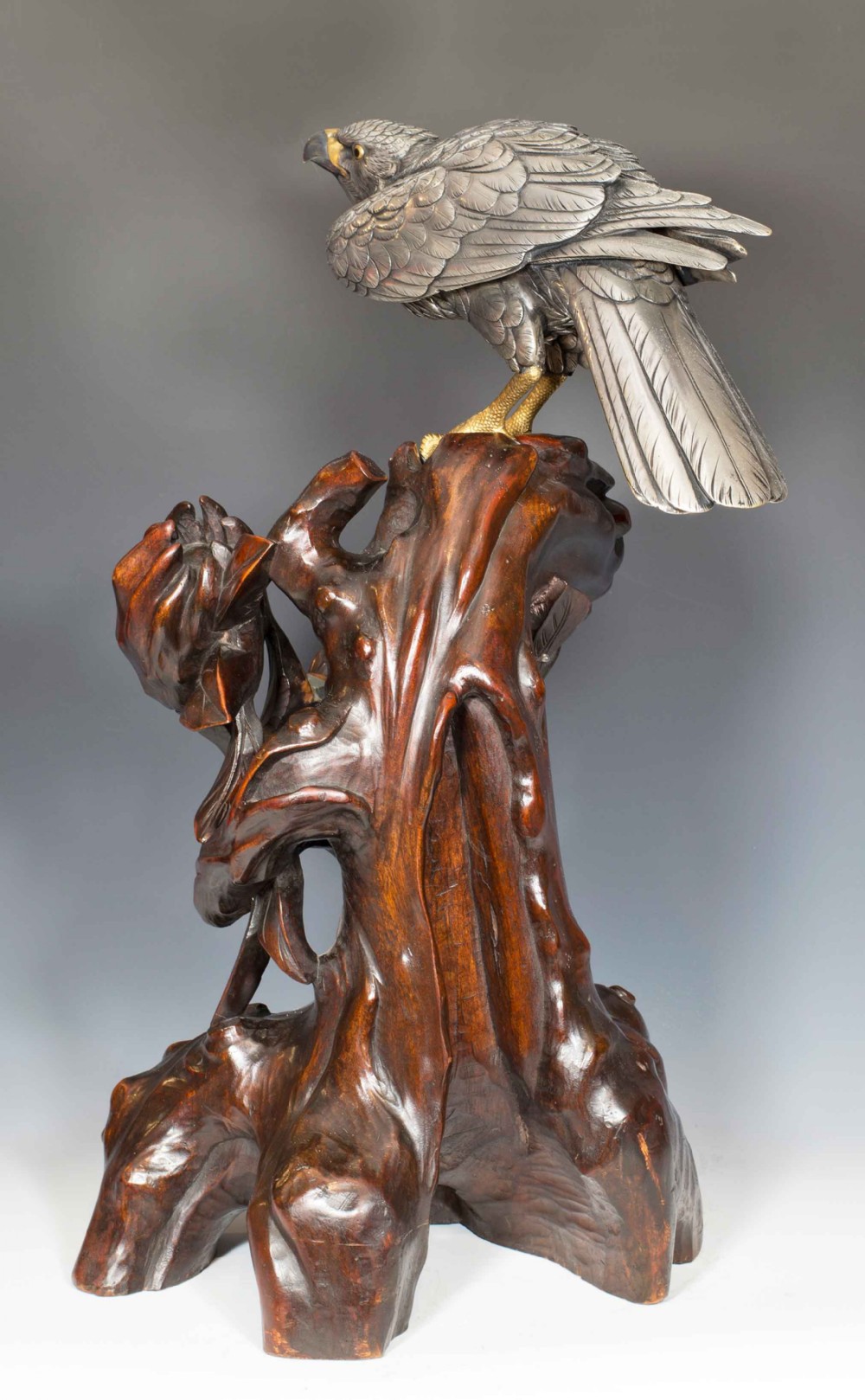JAPANESE SILVERED BRONZE GOSS HAWK ON ROOTWOOD STAND BY KUNICHIKA View III