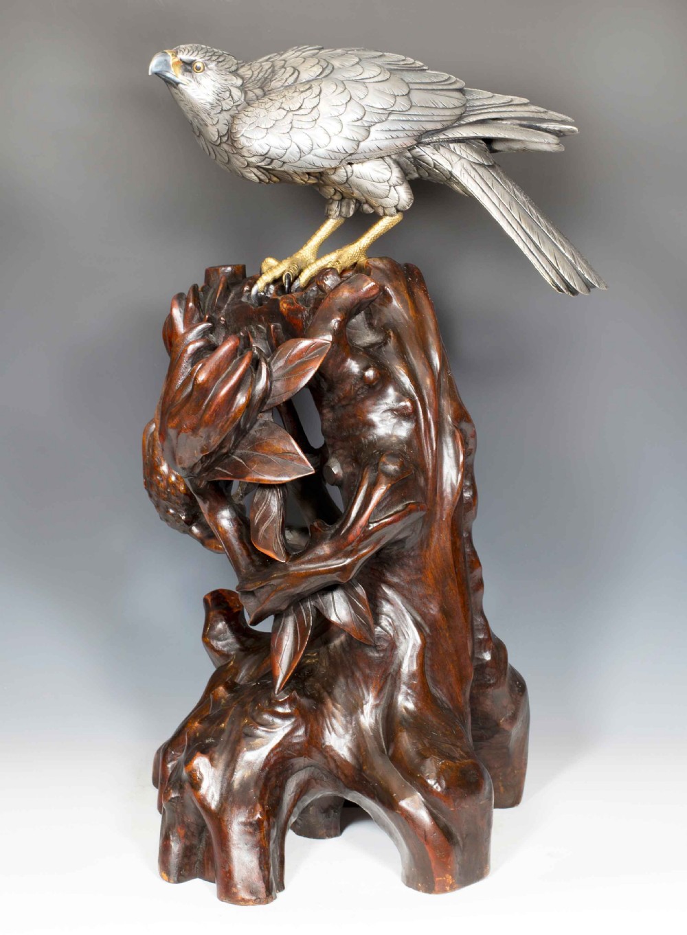 JAPANESE SILVERED BRONZE GOSS HAWK ON ROOTWOOD STAND BY KUNICHIKA View IV