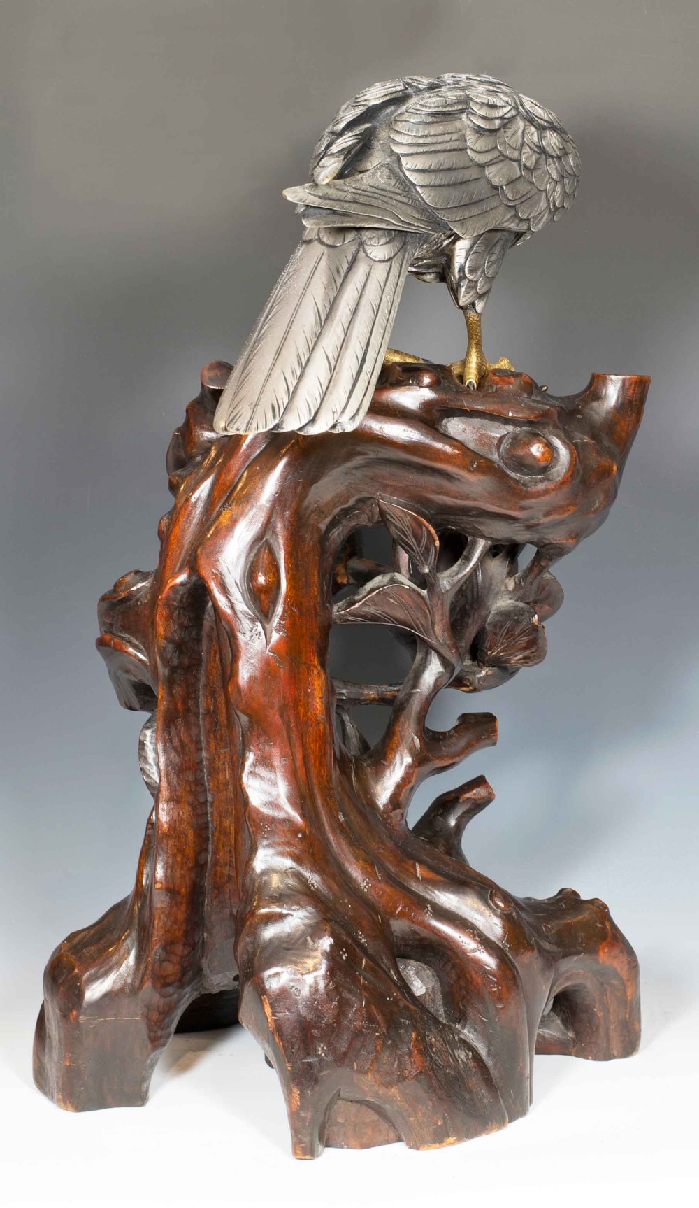 JAPANESE SILVERED BRONZE GOSS HAWK ON ROOTWOOD STAND BY KUNICHIKA View V