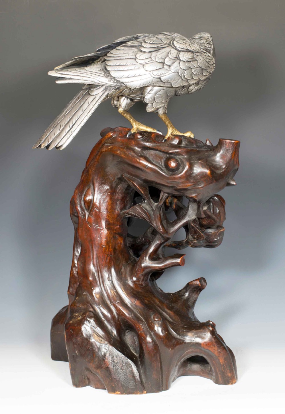 JAPANESE SILVERED BRONZE GOSS HAWK ON ROOTWOOD STAND BY KUNICHIKA View VI