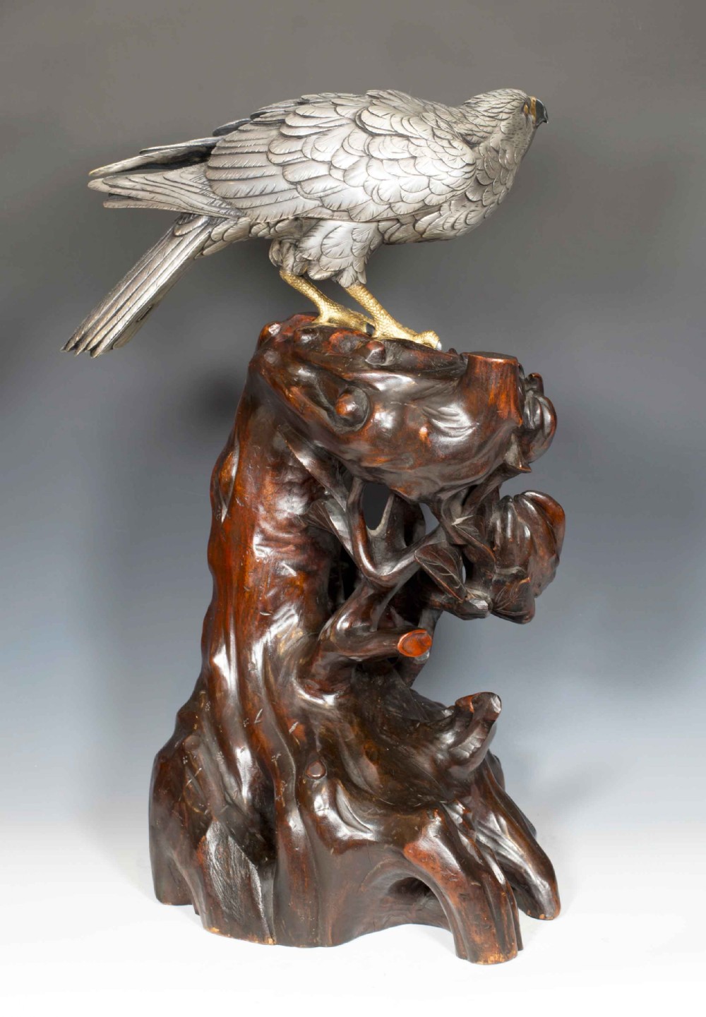 JAPANESE SILVERED BRONZE GOSS HAWK ON ROOTWOOD STAND BY KUNICHIKA View VII