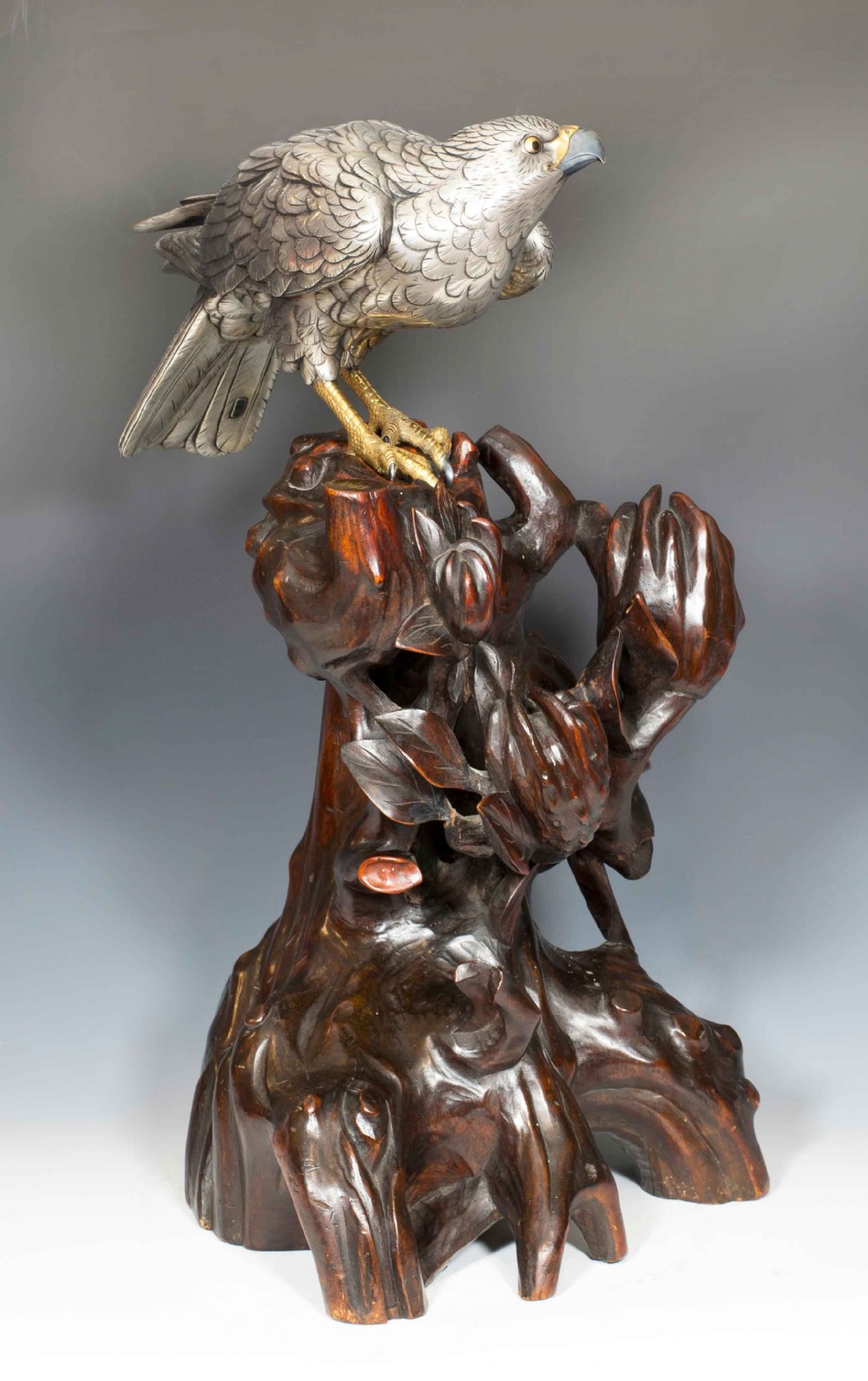 JAPANESE SILVERED BRONZE GOSS HAWK ON ROOTWOOD STAND BY KUNICHIKA View VIII
