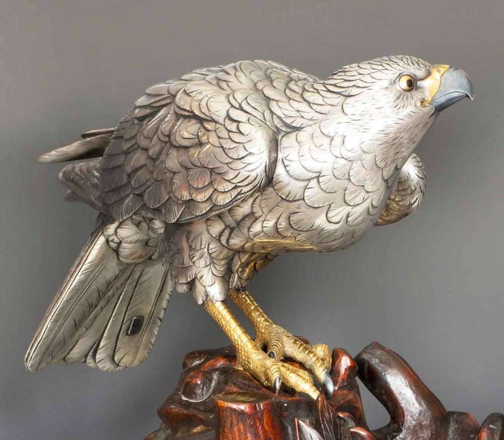 JAPANESE SILVERED BRONZE GOSS HAWK ON ROOTWOOD STAND BY KUNICHIKA View IX
