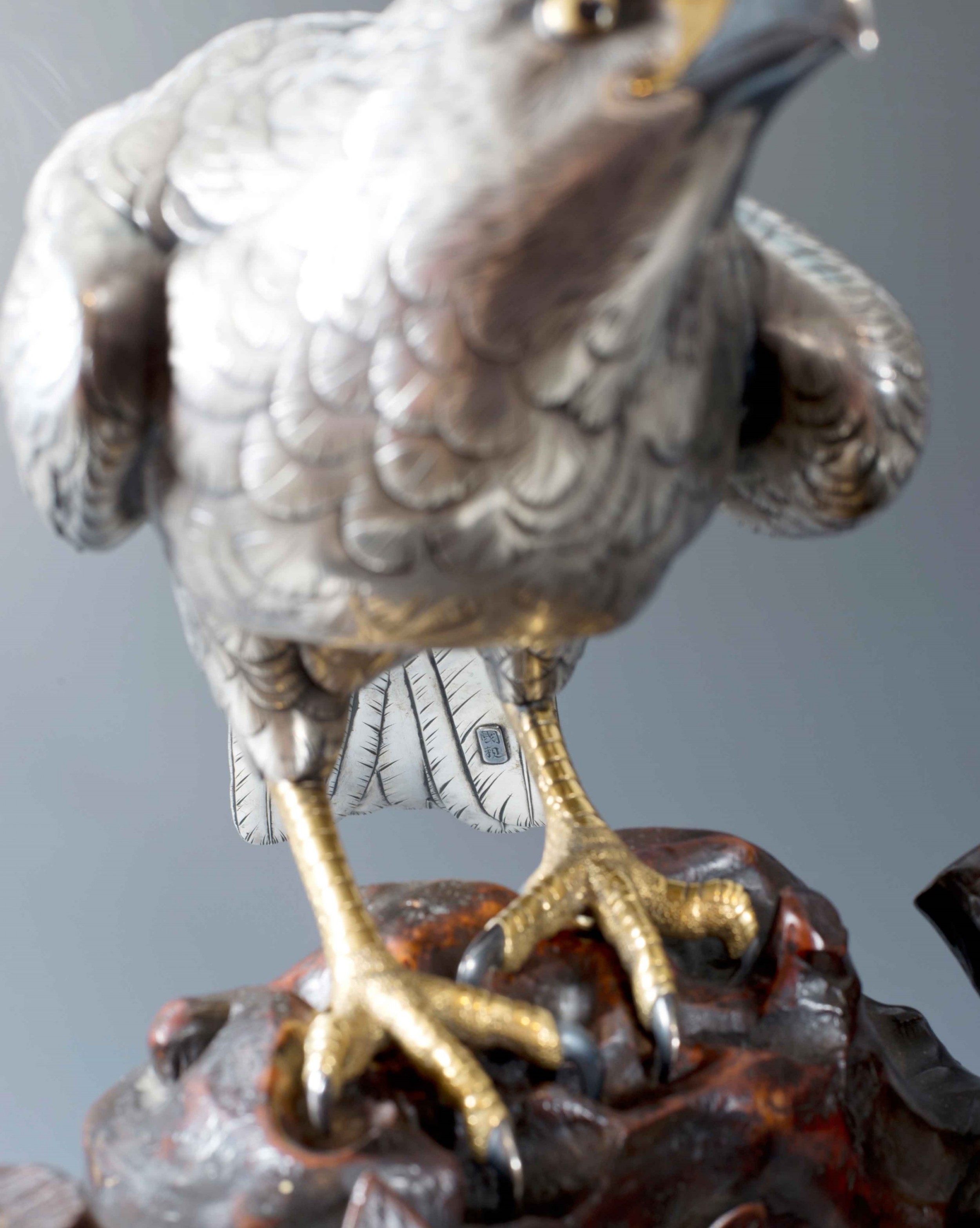 JAPANESE SILVERED BRONZE GOSS HAWK ON ROOTWOOD STAND BY KUNICHIKA View X