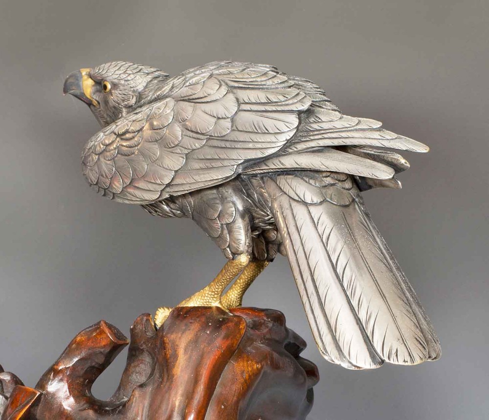 JAPANESE SILVERED BRONZE GOSS HAWK ON ROOTWOOD STAND BY KUNICHIKA View XI