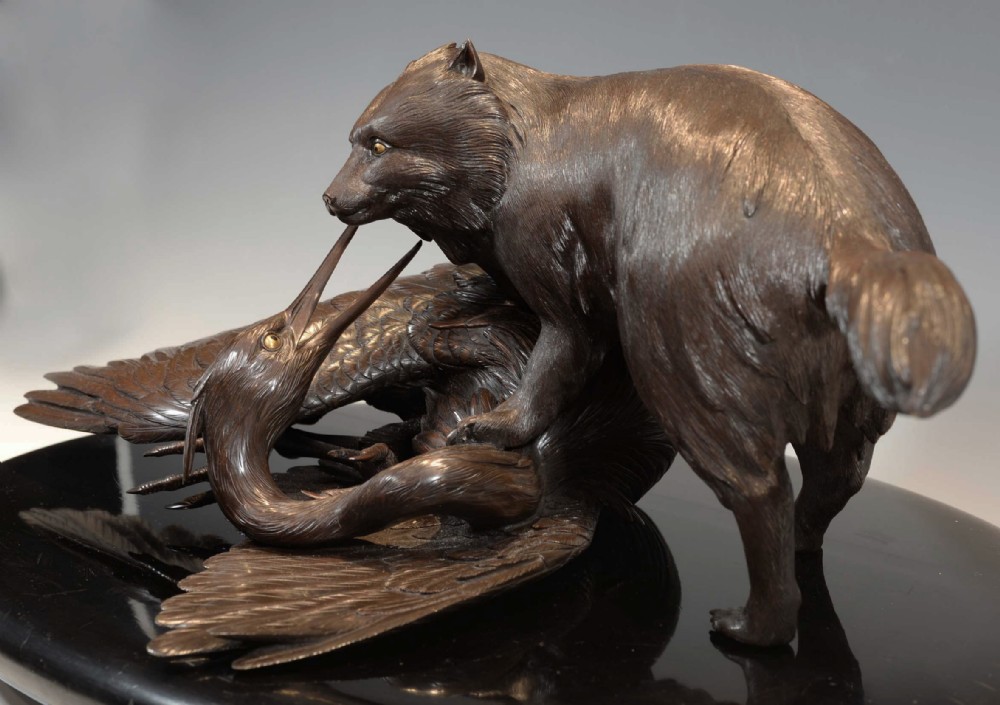 OUTSTANDING QUALITY JAPANESE BRONZE OKIMONO - TANUKI AND HERON View VII