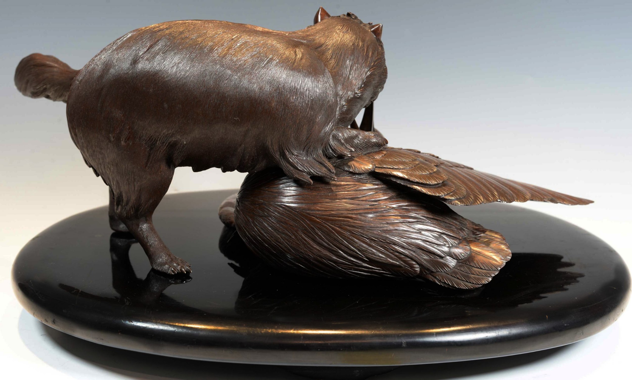 OUTSTANDING QUALITY JAPANESE BRONZE OKIMONO - TANUKI AND HERON View VIII