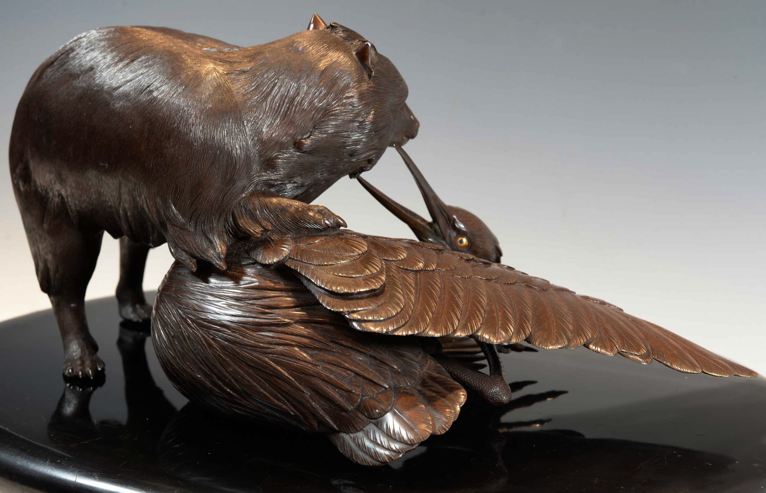 OUTSTANDING QUALITY JAPANESE BRONZE OKIMONO - TANUKI AND HERON View IX