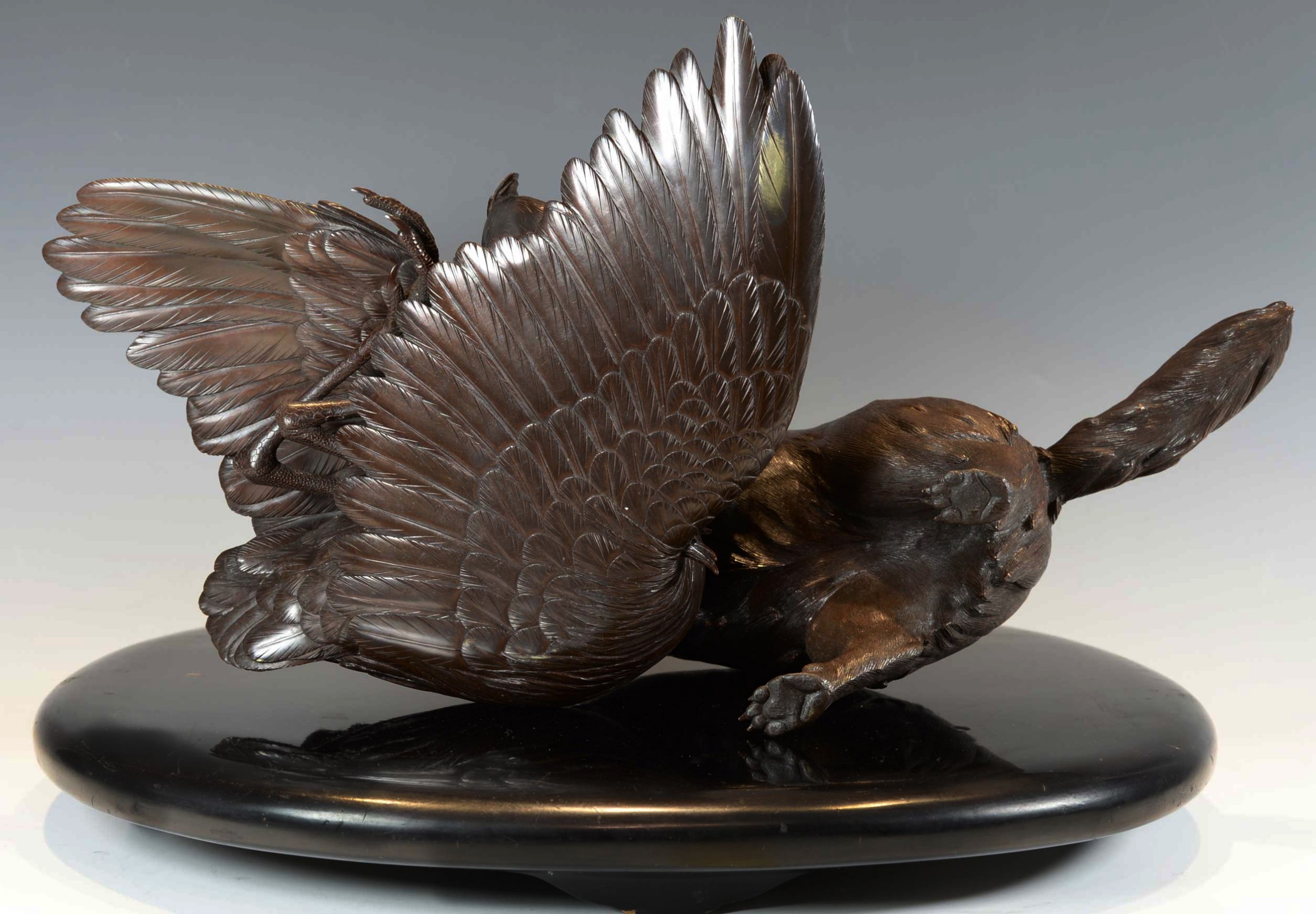 OUTSTANDING QUALITY JAPANESE BRONZE OKIMONO - TANUKI AND HERON View X