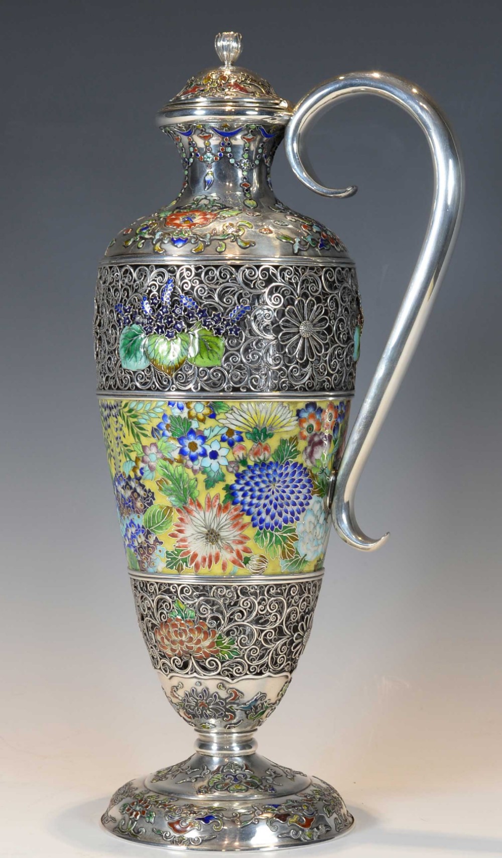 EXCEPTIONALLY RARE JAPANESE SILVER AND CLOISONNE ENAMEL CLARET JUG View II