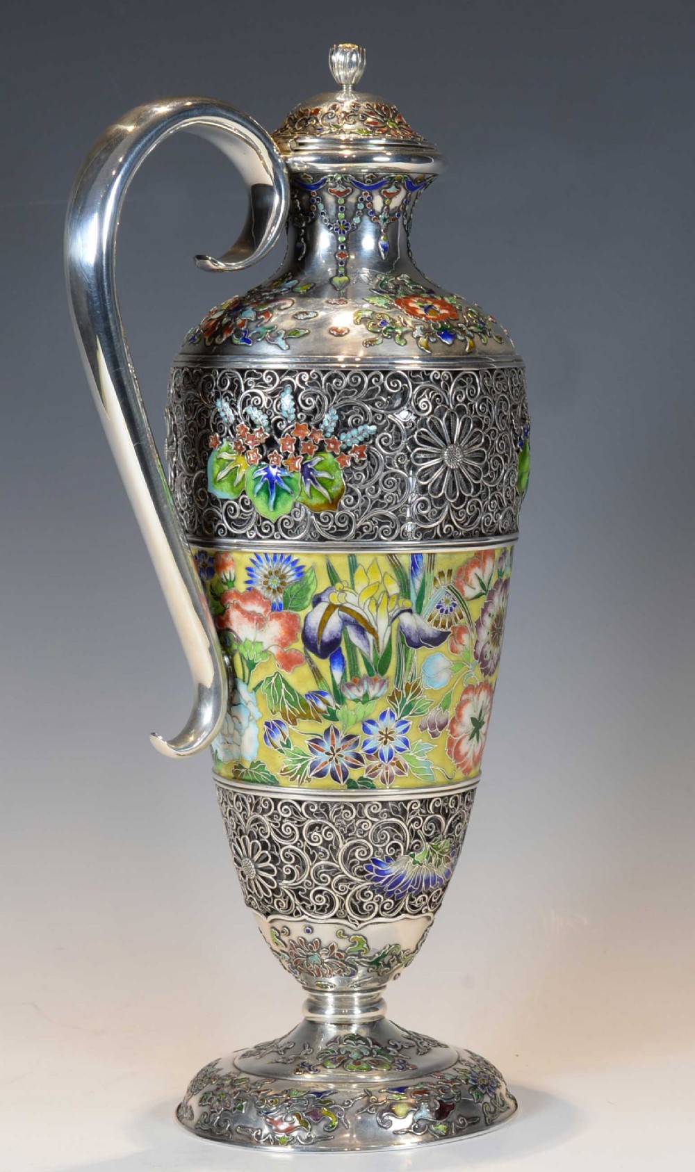 EXCEPTIONALLY RARE JAPANESE SILVER AND CLOISONNE ENAMEL CLARET JUG View III