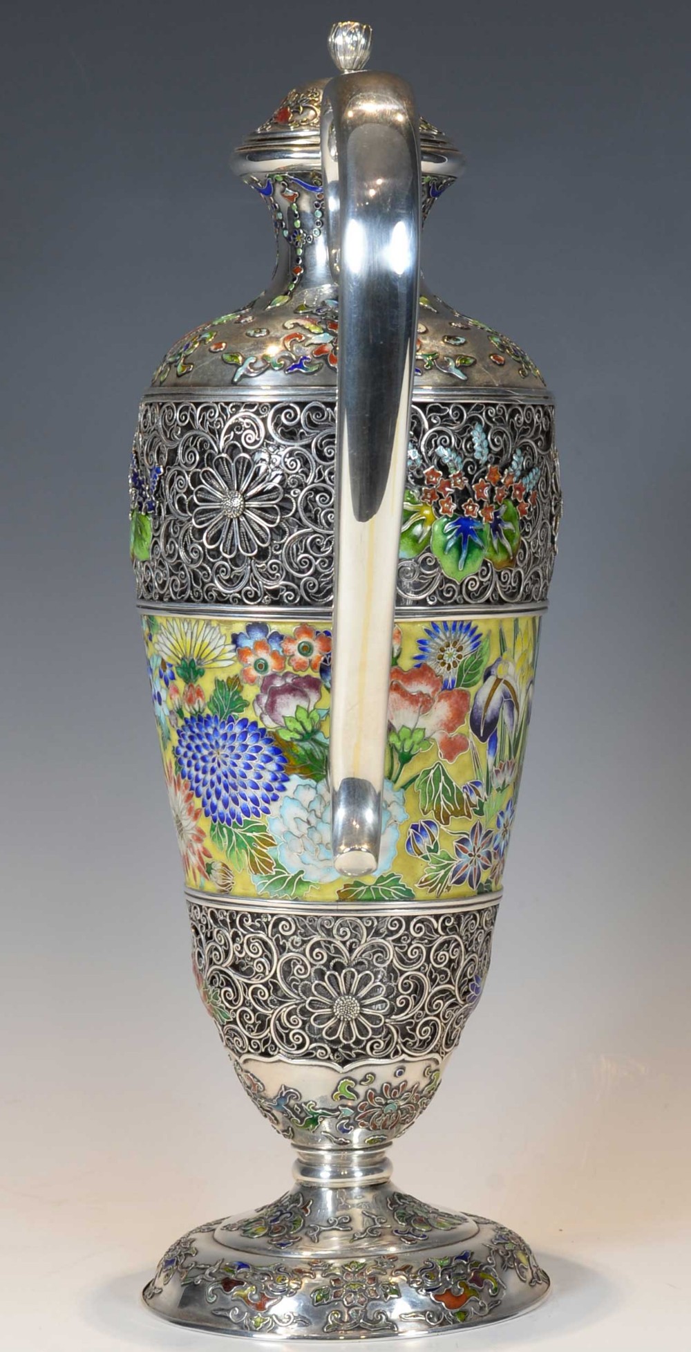 EXCEPTIONALLY RARE JAPANESE SILVER AND CLOISONNE ENAMEL CLARET JUG View IV