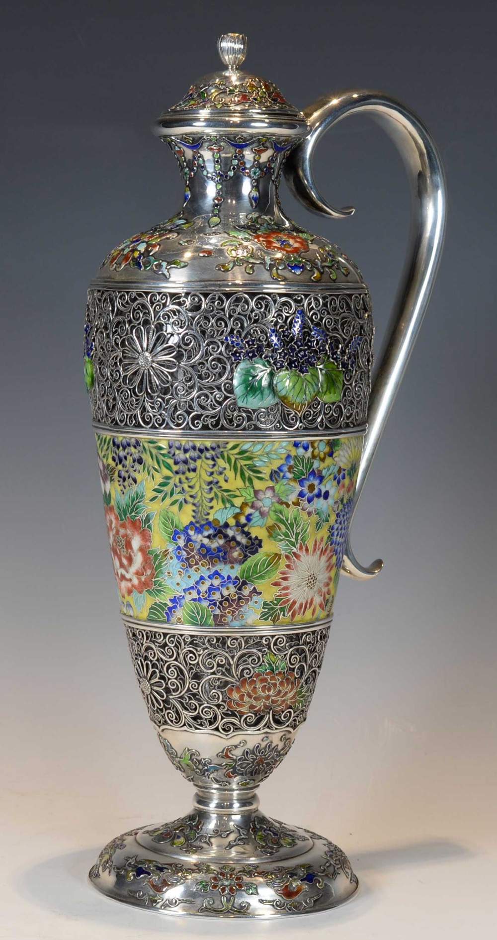 EXCEPTIONALLY RARE JAPANESE SILVER AND CLOISONNE ENAMEL CLARET JUG View V