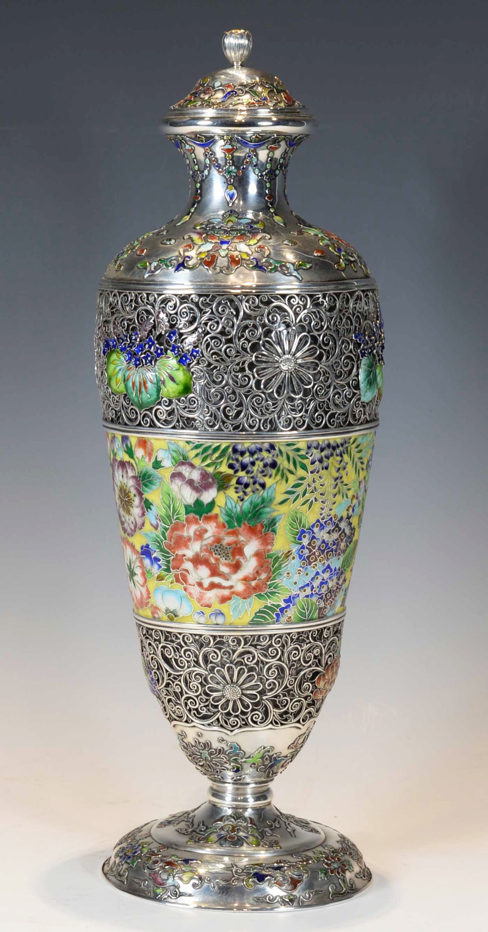 EXCEPTIONALLY RARE JAPANESE SILVER AND CLOISONNE ENAMEL CLARET JUG View VI