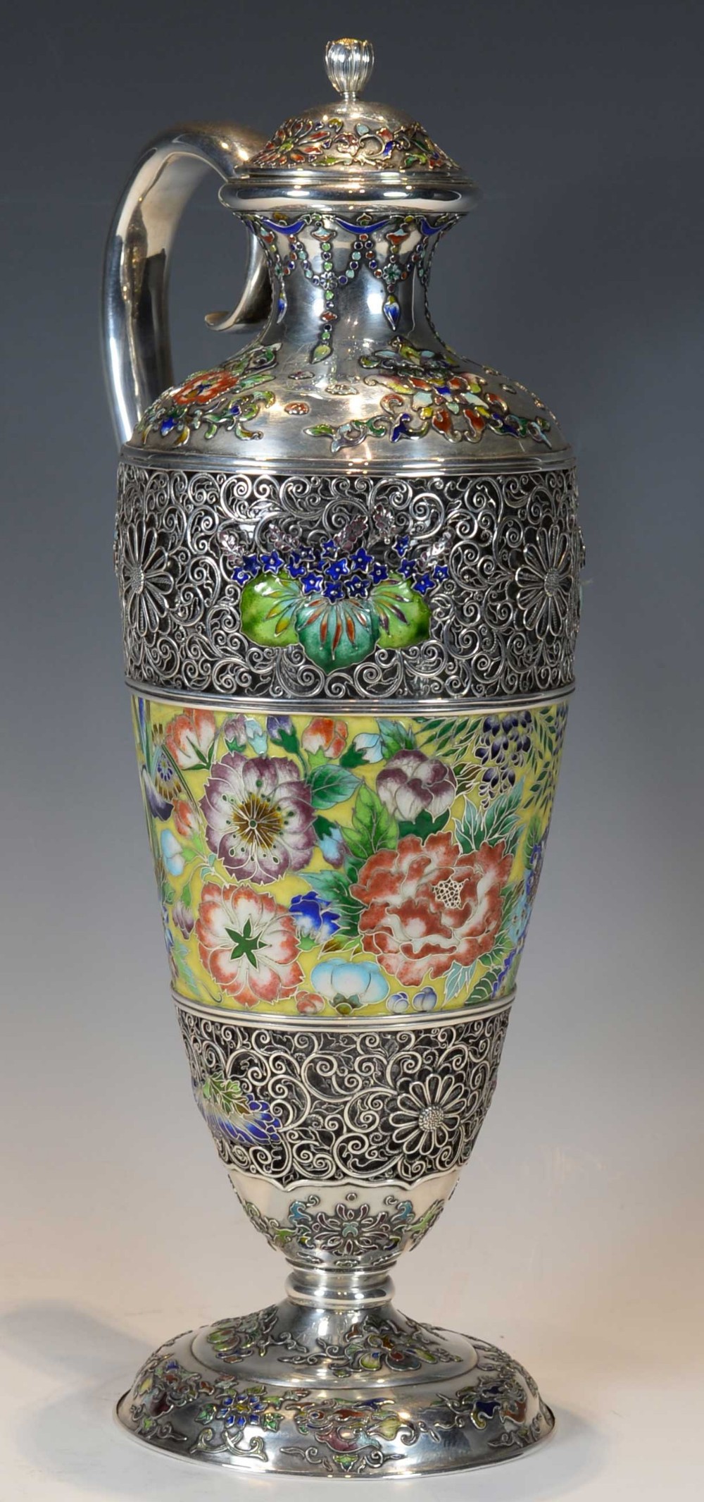 EXCEPTIONALLY RARE JAPANESE SILVER AND CLOISONNE ENAMEL CLARET JUG View VII