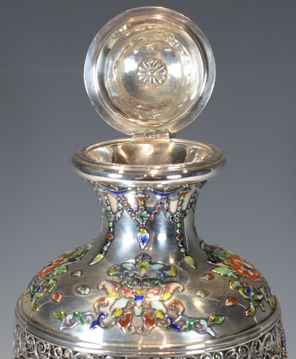 EXCEPTIONALLY RARE JAPANESE SILVER AND CLOISONNE ENAMEL CLARET JUG View VIII