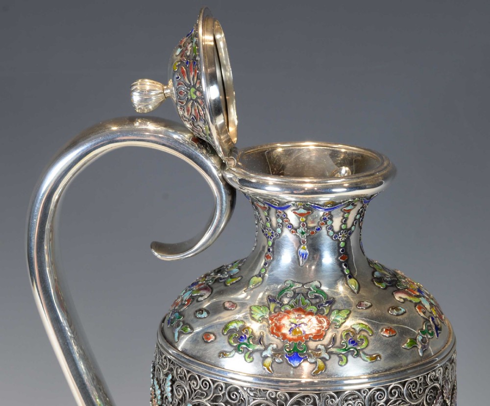 EXCEPTIONALLY RARE JAPANESE SILVER AND CLOISONNE ENAMEL CLARET JUG View IX