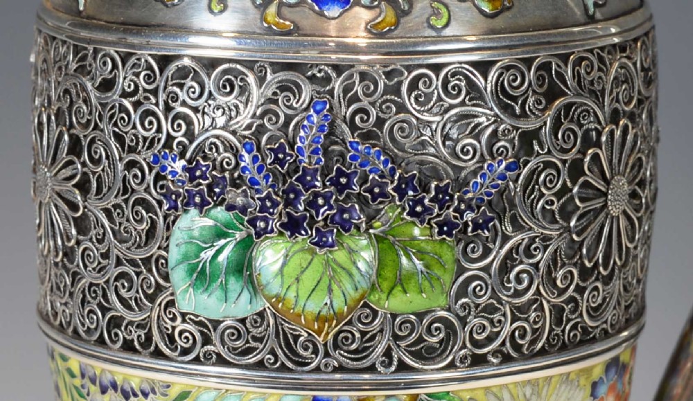 EXCEPTIONALLY RARE JAPANESE SILVER AND CLOISONNE ENAMEL CLARET JUG View X