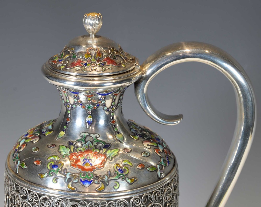 EXCEPTIONALLY RARE JAPANESE SILVER AND CLOISONNE ENAMEL CLARET JUG View XI