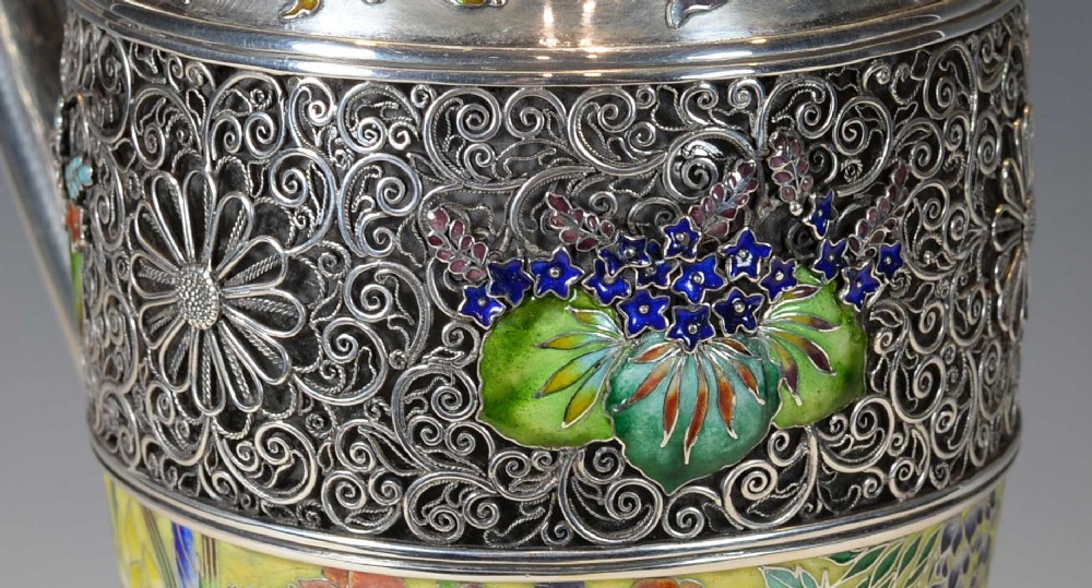 EXCEPTIONALLY RARE JAPANESE SILVER AND CLOISONNE ENAMEL CLARET JUG View XIII