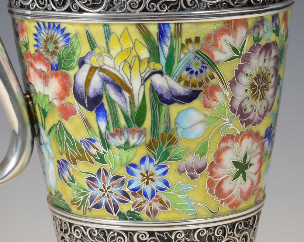 EXCEPTIONALLY RARE JAPANESE SILVER AND CLOISONNE ENAMEL CLARET JUG View XIV