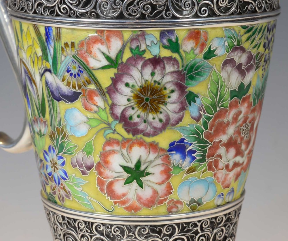EXCEPTIONALLY RARE JAPANESE SILVER AND CLOISONNE ENAMEL CLARET JUG View XV