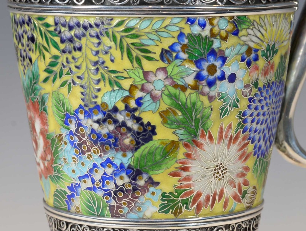 EXCEPTIONALLY RARE JAPANESE SILVER AND CLOISONNE ENAMEL CLARET JUG View XVI