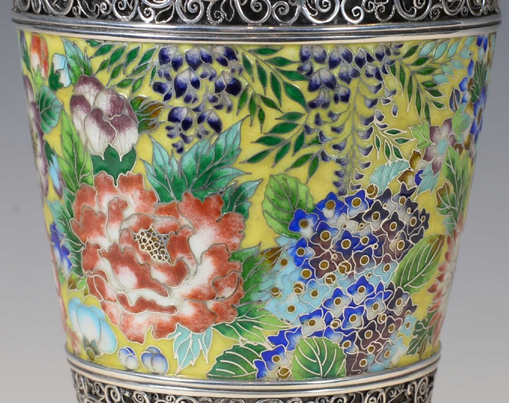 EXCEPTIONALLY RARE JAPANESE SILVER AND CLOISONNE ENAMEL CLARET JUG View XVII