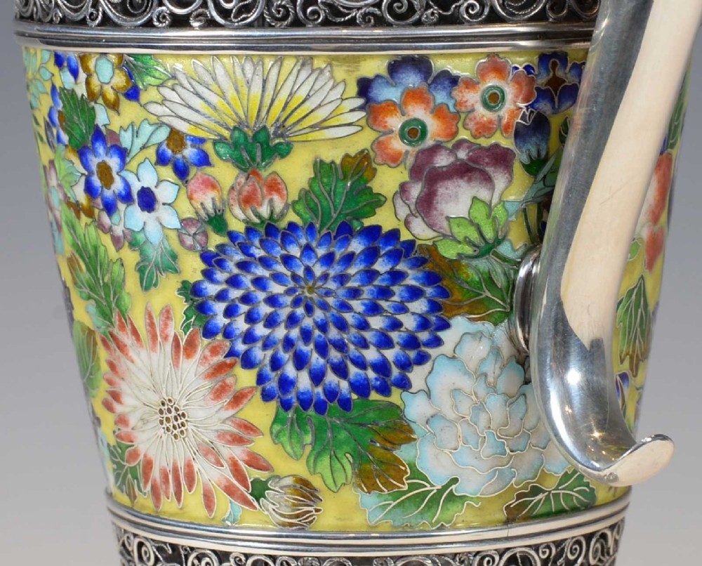 EXCEPTIONALLY RARE JAPANESE SILVER AND CLOISONNE ENAMEL CLARET JUG View XVIII