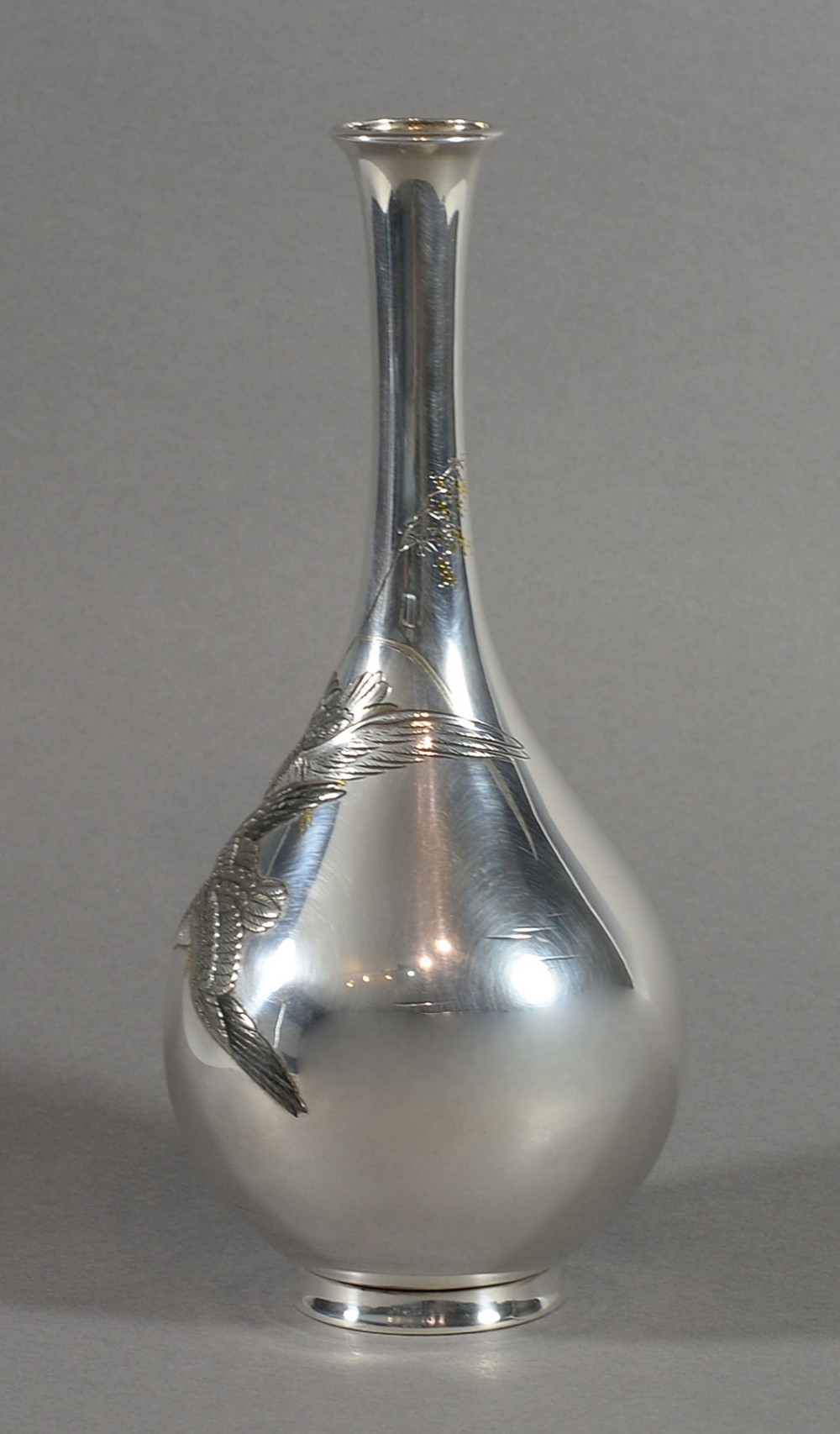 JAPANESE SILVER AND MIXED METAL ONLAID FLYING GEESE VASE BY KATSUHIDE View VI