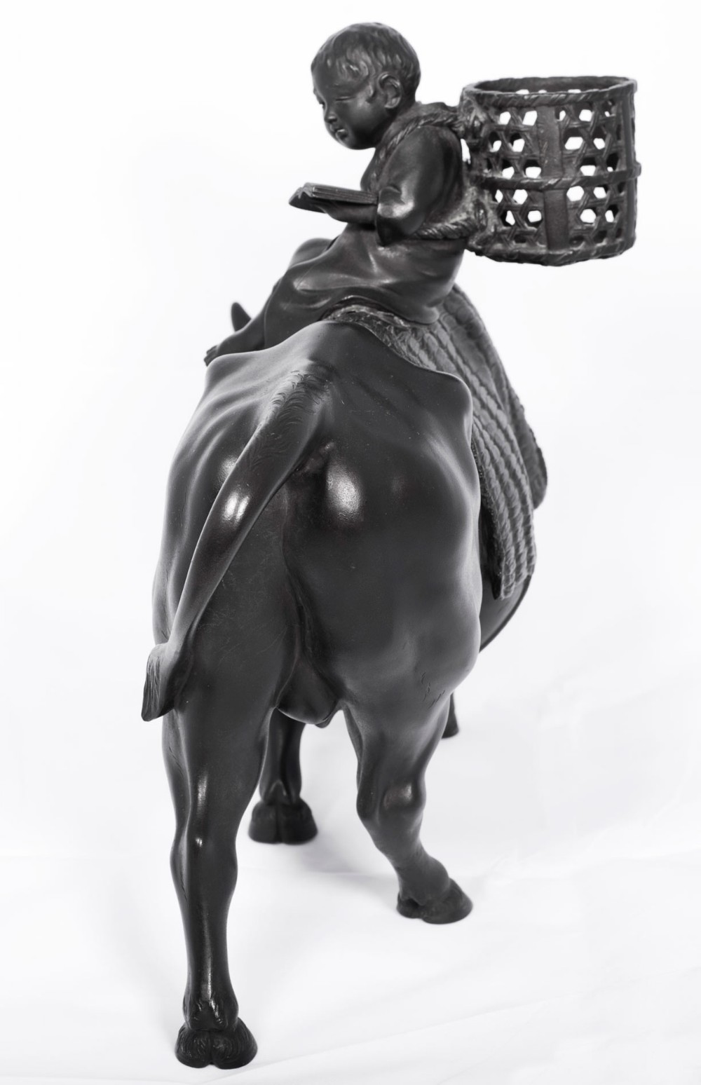 LARGE JAPANESE BRONZE OKIMONO OF A BOY SEATED UPON AN OXEN View IX