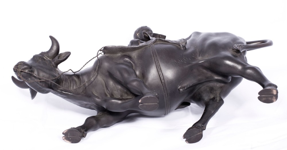 LARGE JAPANESE BRONZE OKIMONO OF A BOY SEATED UPON AN OXEN View XIII