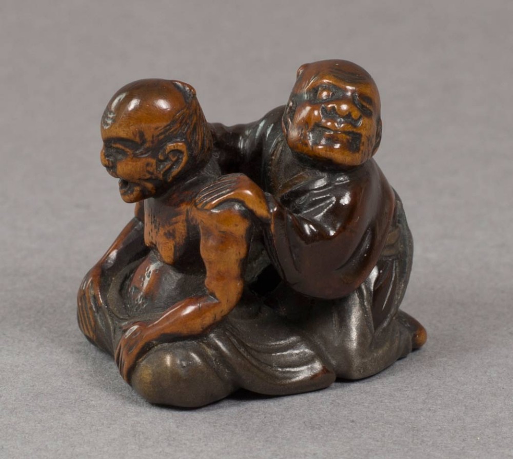 japanese edo period wood and lacquer netsuke of the blind masseur - CATEGORY: ANTIQUE SCULPTURES - DATED 1800